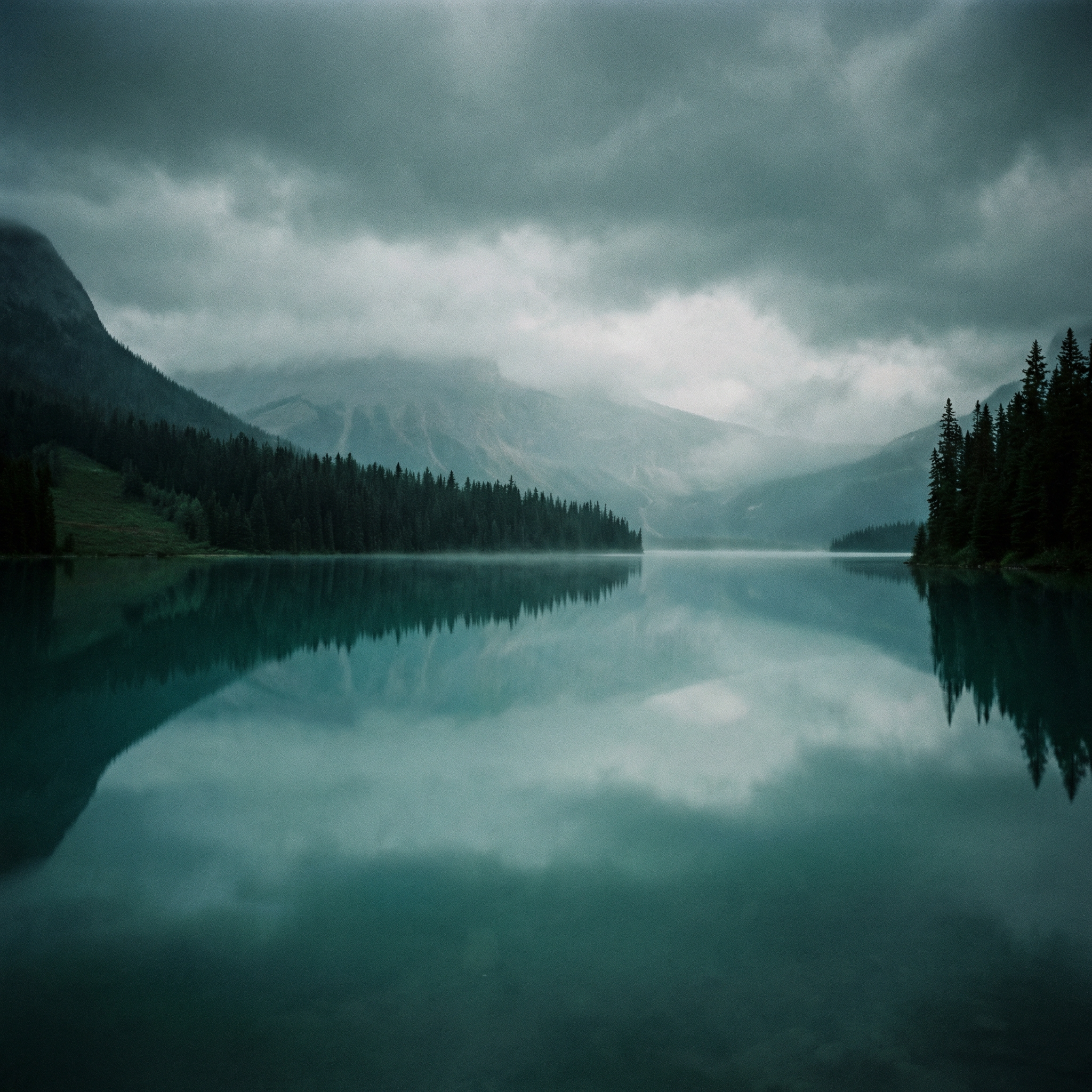 Moody mountain lake with perfect forest reflection